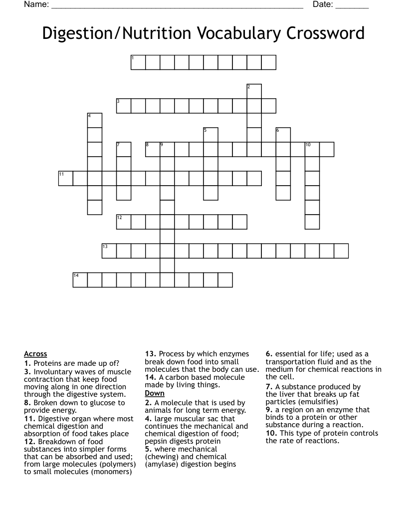 Digestion/Nutrition Vocabulary Crossword