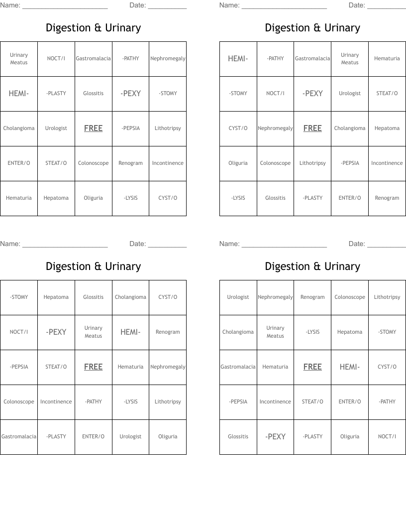 Digestion & Urinary  Bingo Cards