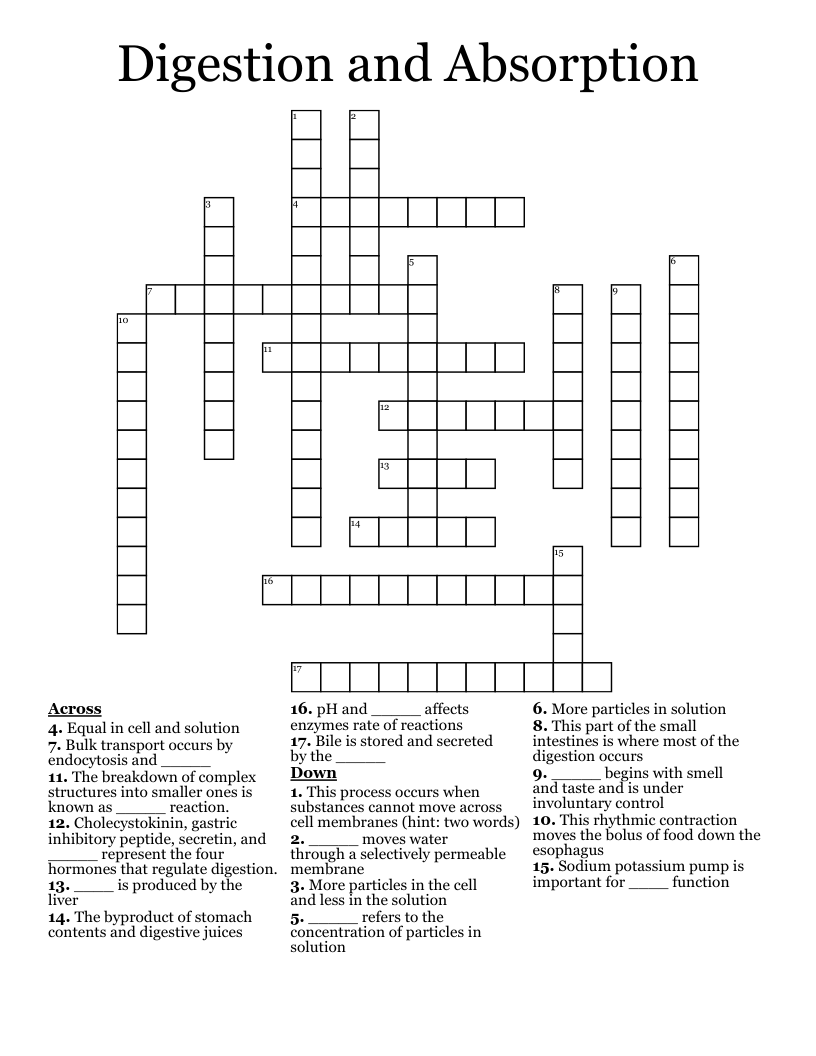 Digestion and Absorption Crossword