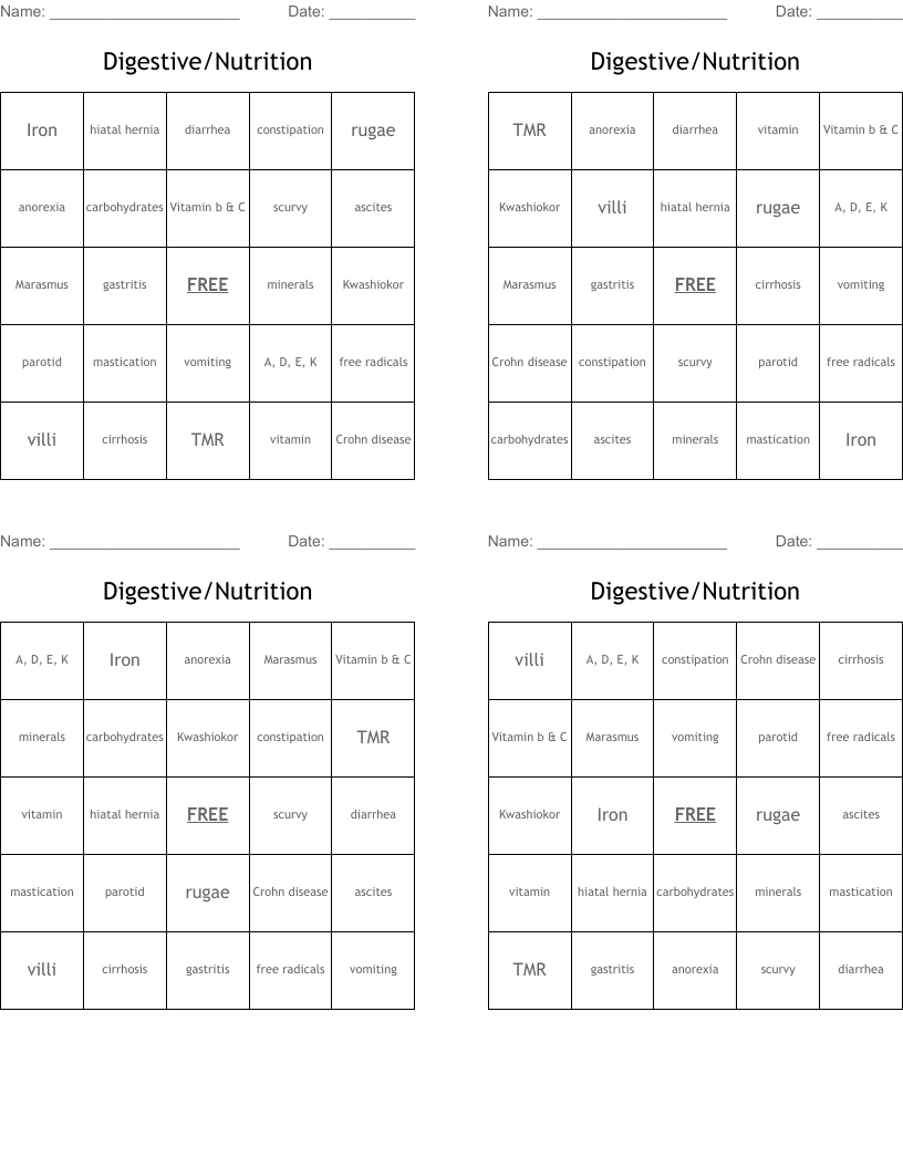 Digestive/Nutrition  Bingo Cards