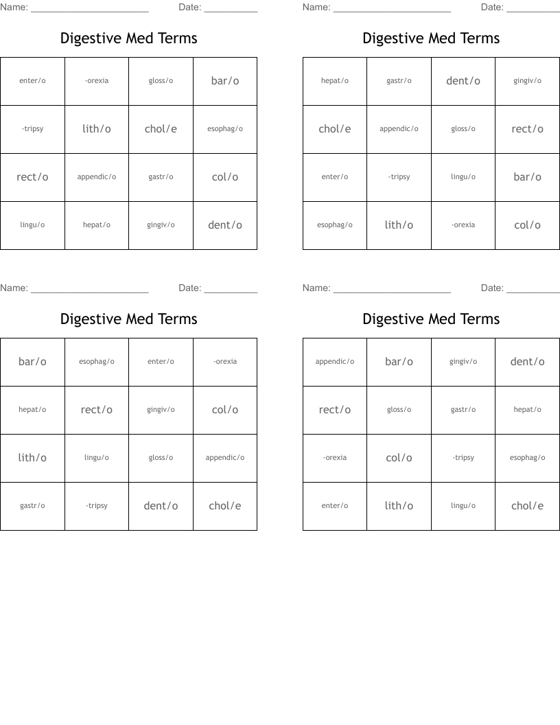 Digestive Med Terms Bingo Cards