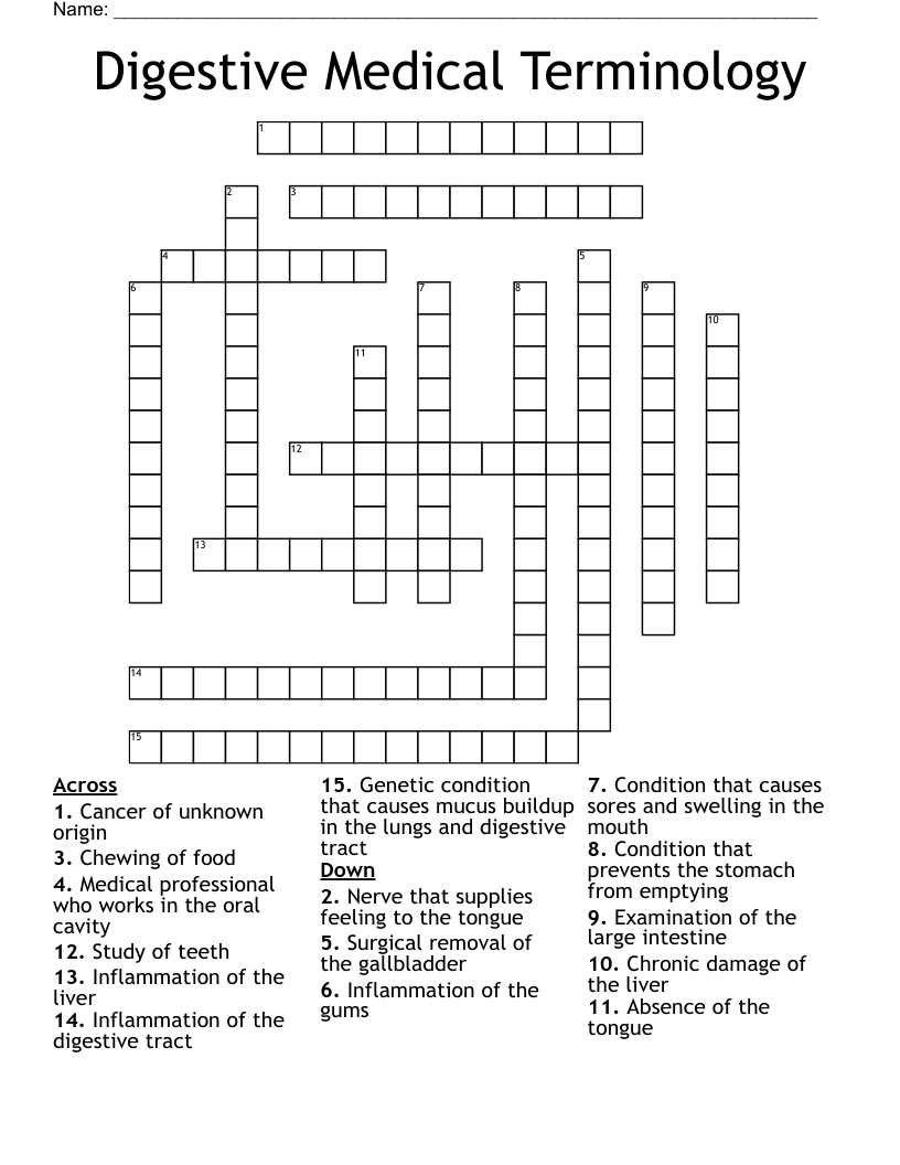 Digestive Medical Terminology Crossword
