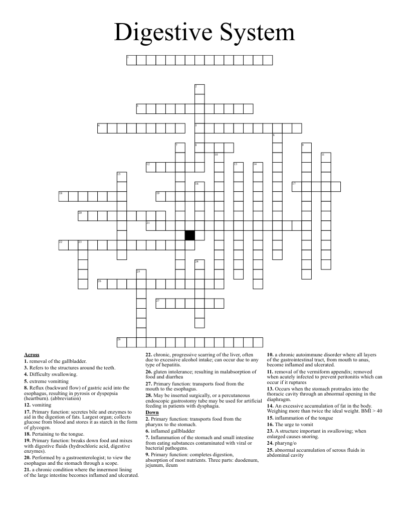 Digestive System Crossword