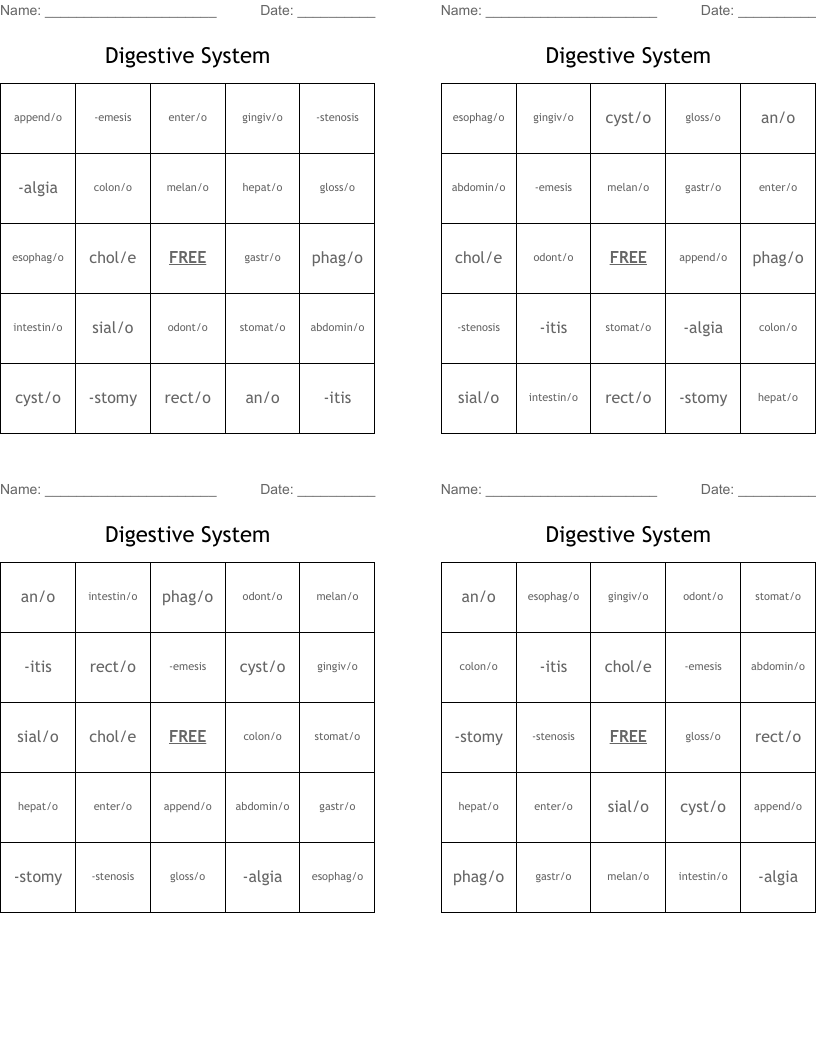 Digestive System Bingo Cards