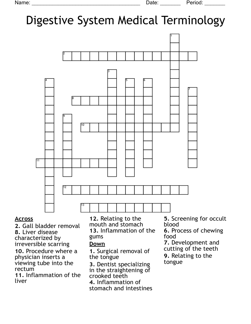 Digestive System Medical Terminology Crossword