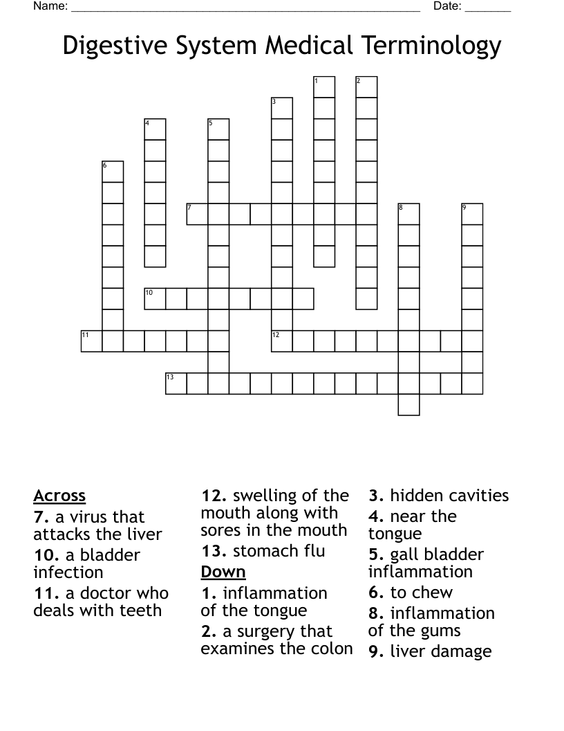 Digestive System Medical Terminology  Crossword