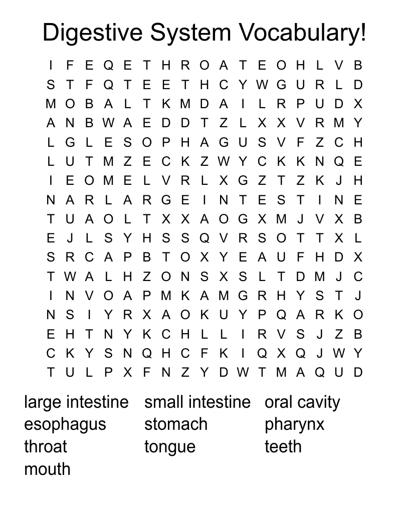 Digestive System Vocabulary! Word Search