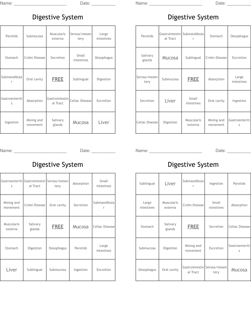 Digestive System  Bingo Cards