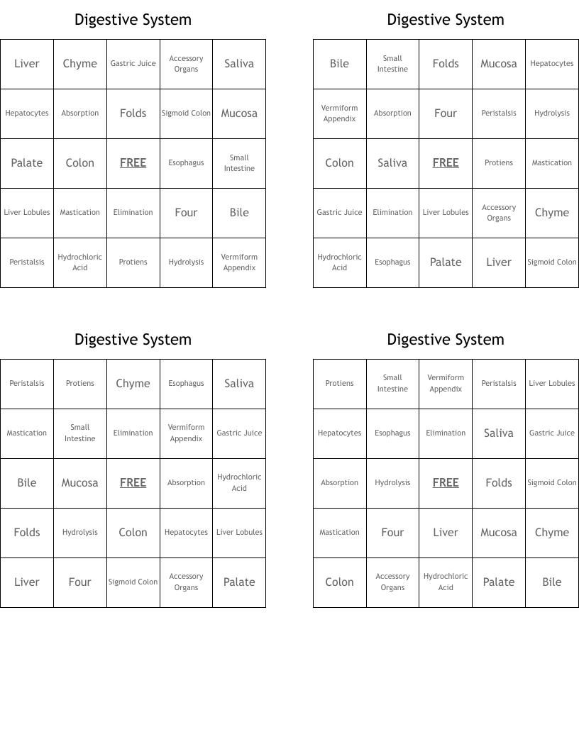 Digestive System  Bingo Cards