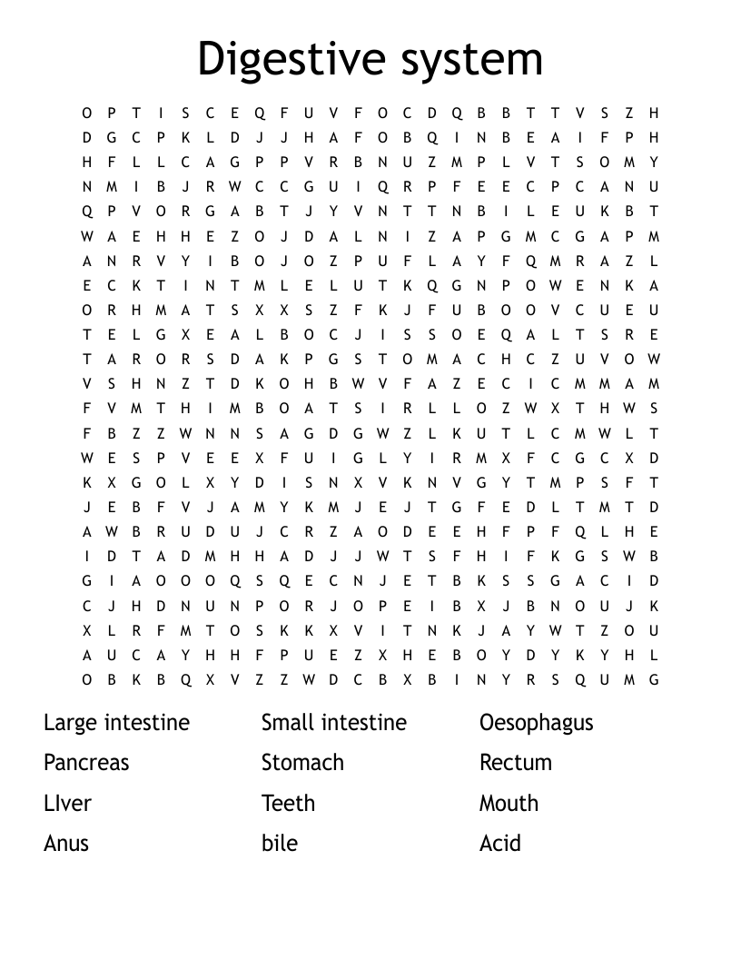 Digestive system Word Search