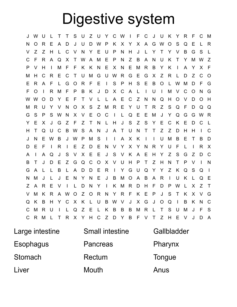 Digestive system  Word Search