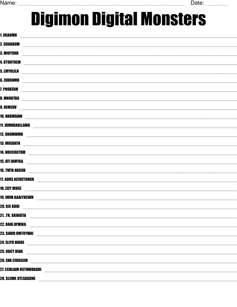 Digimon Digital Monsters Word Scramble