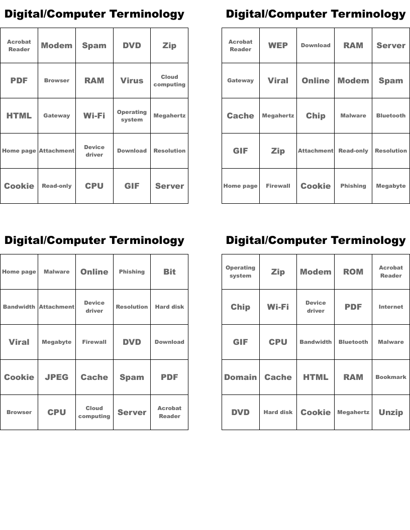 Digital/Computer Terminology Bingo Cards