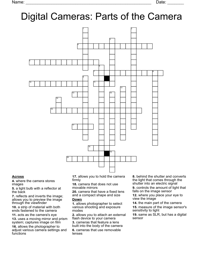 Digital Cameras: Parts of the Camera Crossword