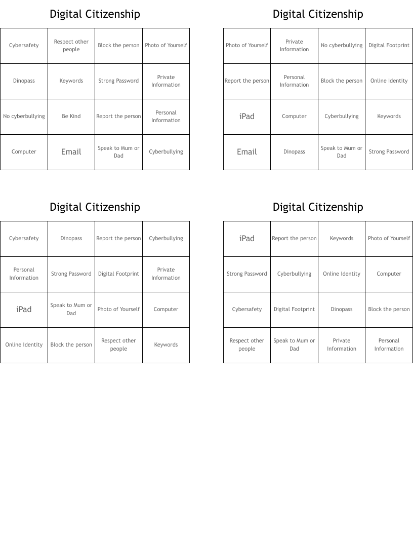 Digital Citizenship Bingo Cards