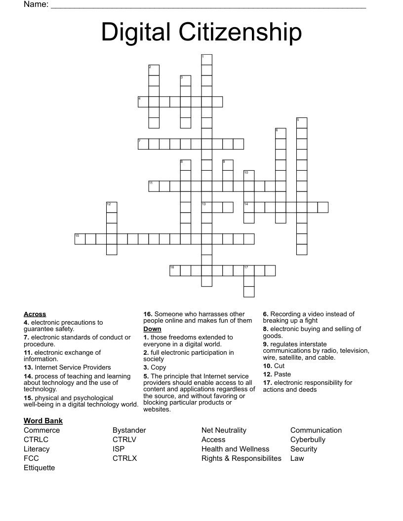 Digital Citizenship Crossword