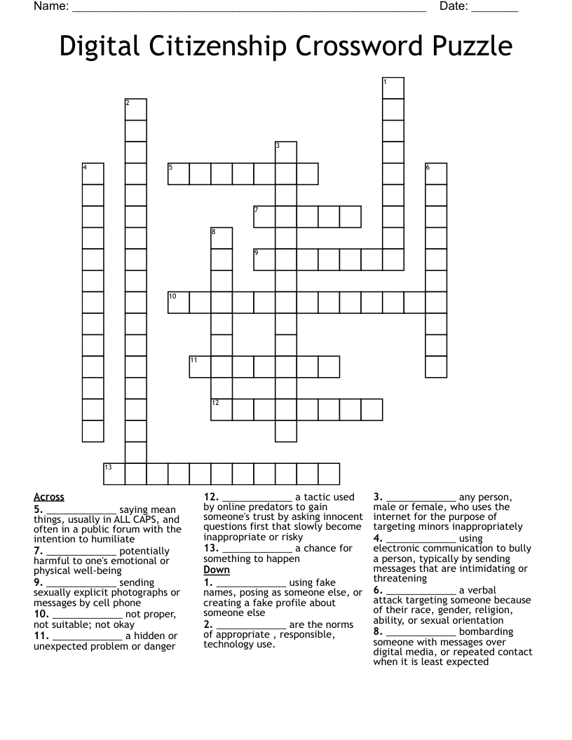 Digital Citizenship Crossword Puzzle