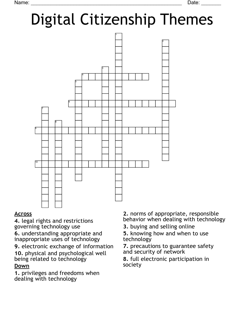 Digital Citizenship Themes Crossword