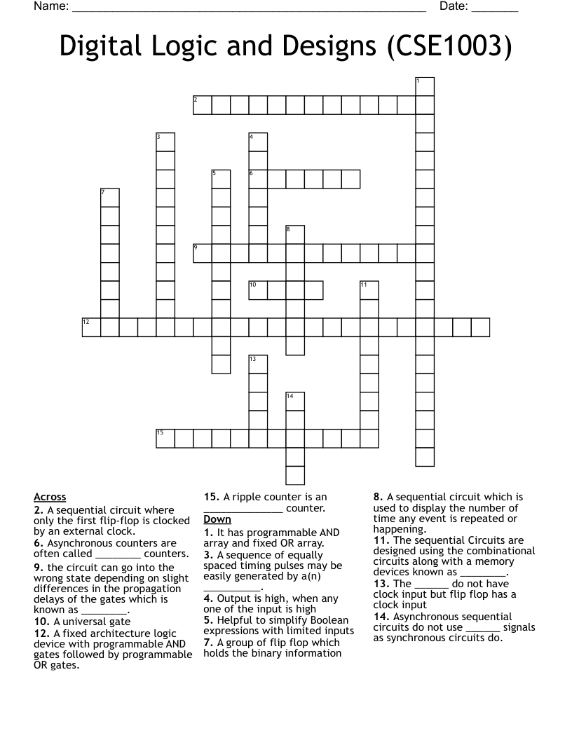 Digital Logic and Designs (CSE1003) Crossword