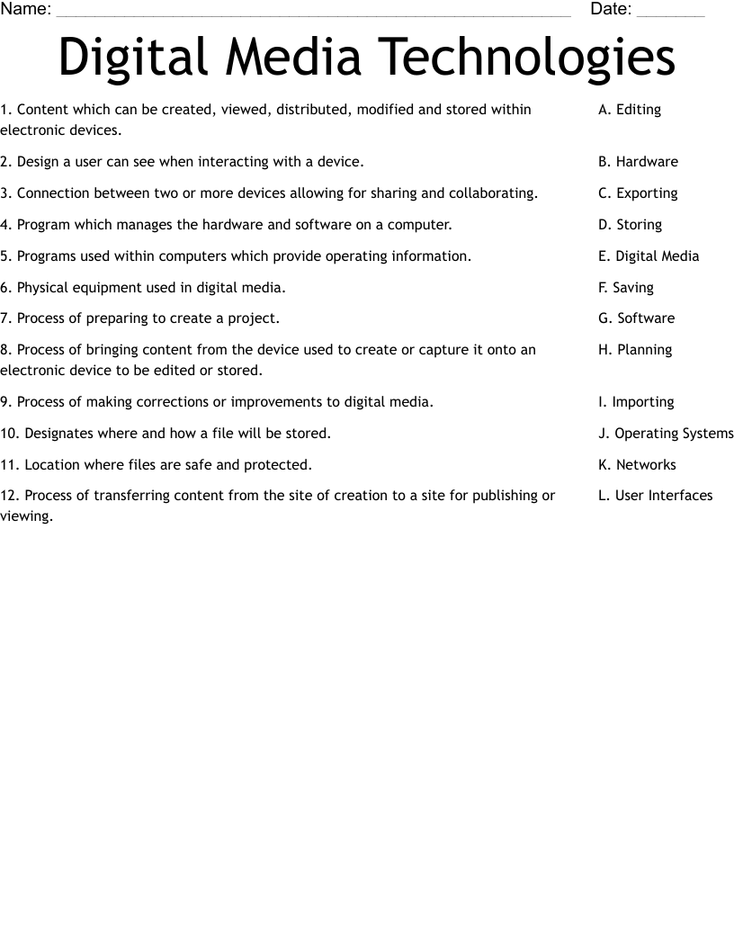 Digital Media Technologies  Worksheet