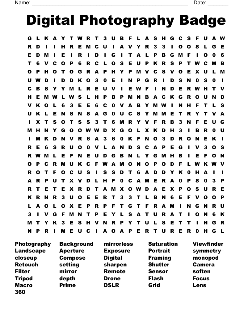 Digital Photography Badge Word Search