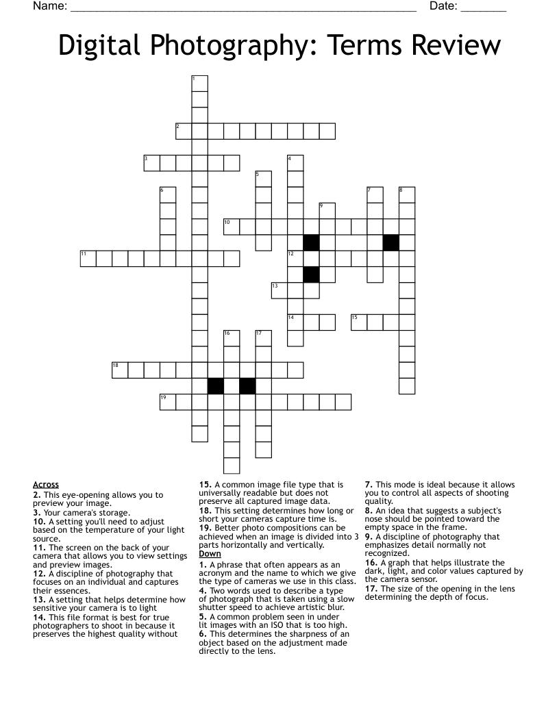 Digital Photography: Terms Review Crossword