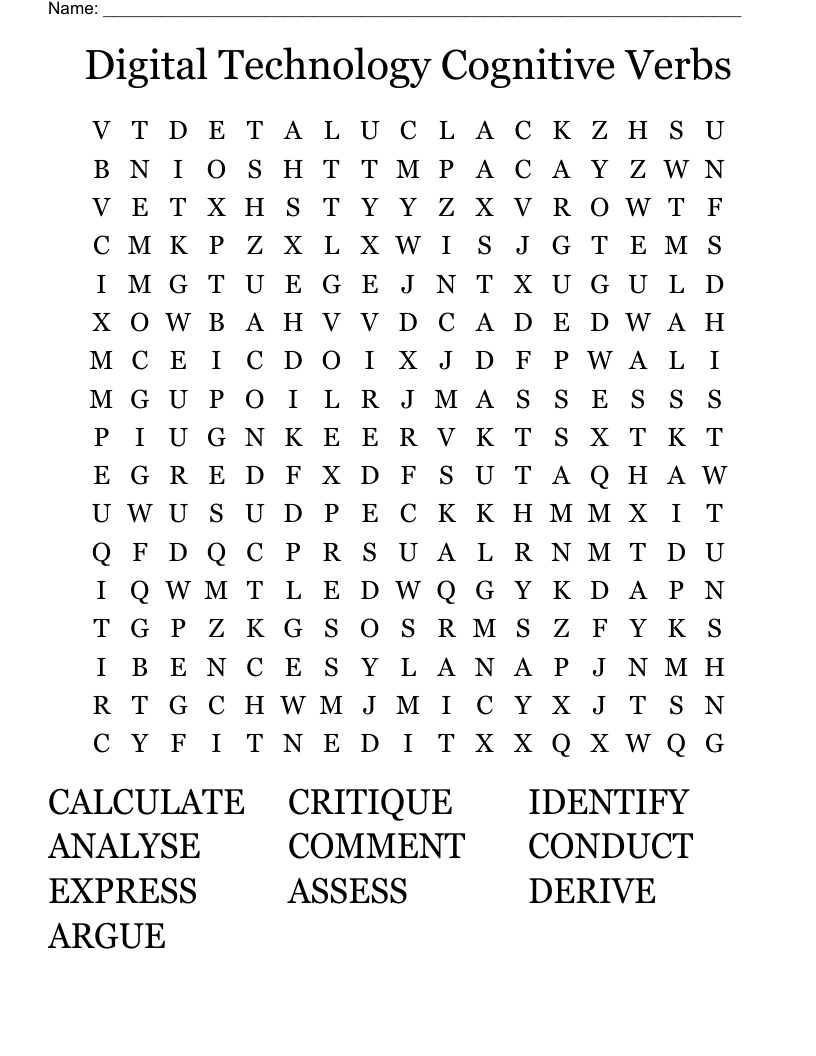 Digital Technology Cognitive Verbs Word Search