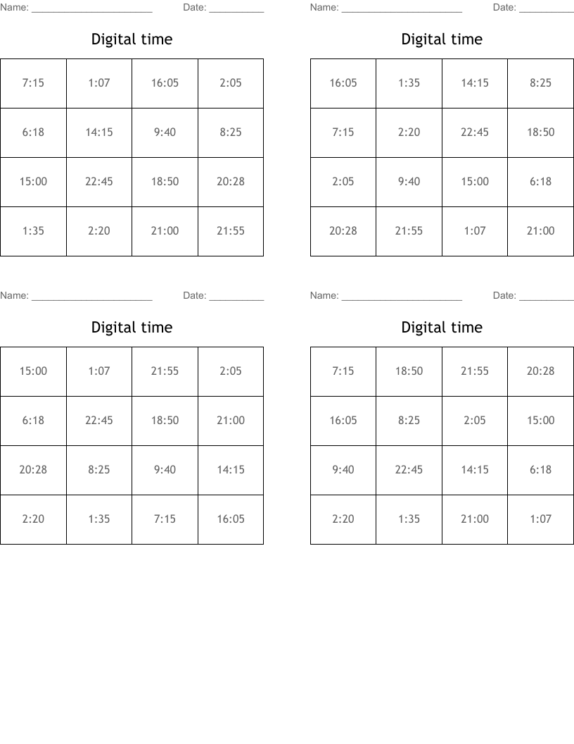 Digital time Bingo Cards