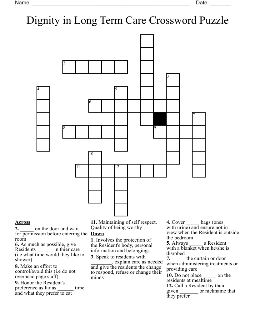 Dignity in Long Term Care Crossword Puzzle