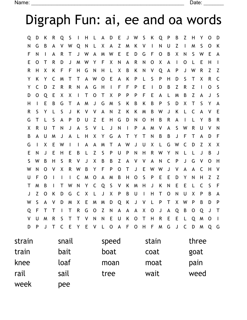 Digraph Fun: ai, ee and oa words Word Search