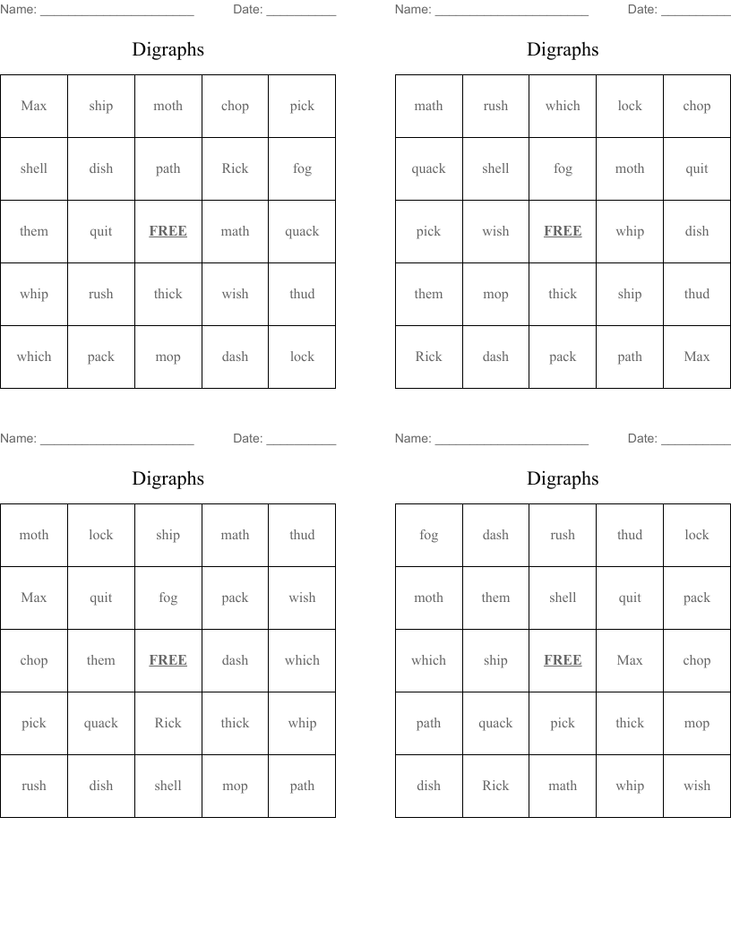 Digraphs Bingo Cards