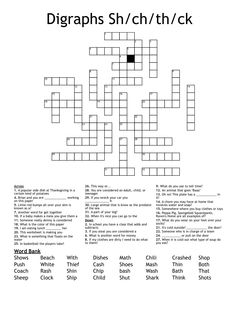 Digraphs Sh/ch/th/ck Crossword
