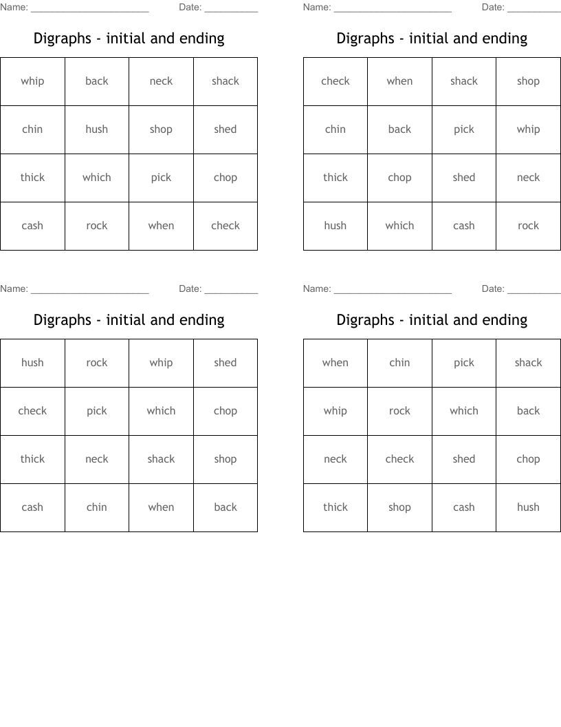 Digraphs - initial and ending Bingo Cards