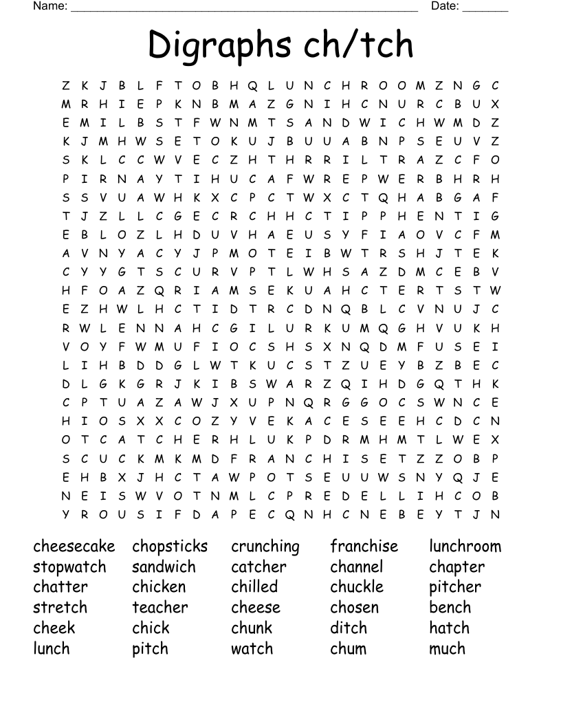 Digraphs ch/tch Word Search
