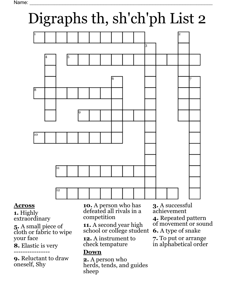 Digraphs th, sh'ch'ph List 2 Crossword