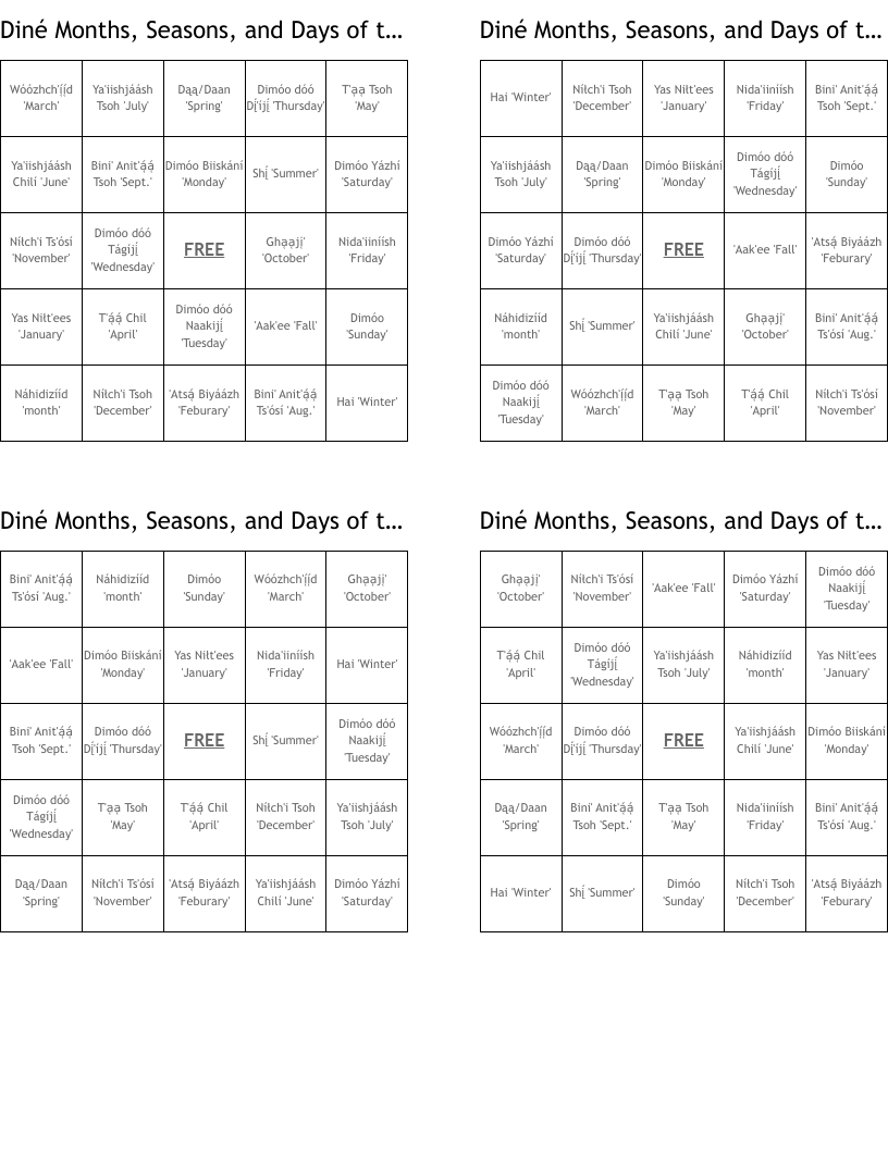 Diné Months, Seasons, and Days of the Week Bingo Cards