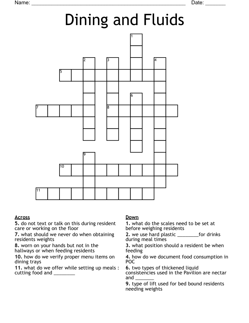 Dining and Fluids Crossword
