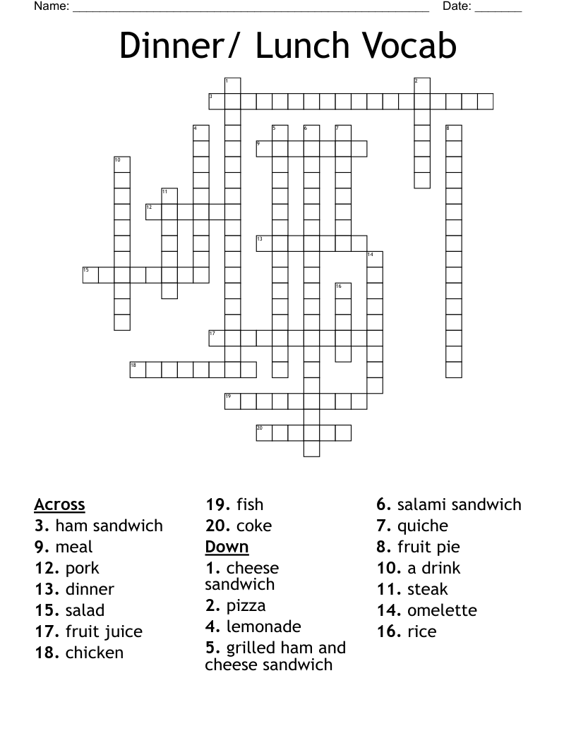 Dinner/ Lunch Vocab Crossword