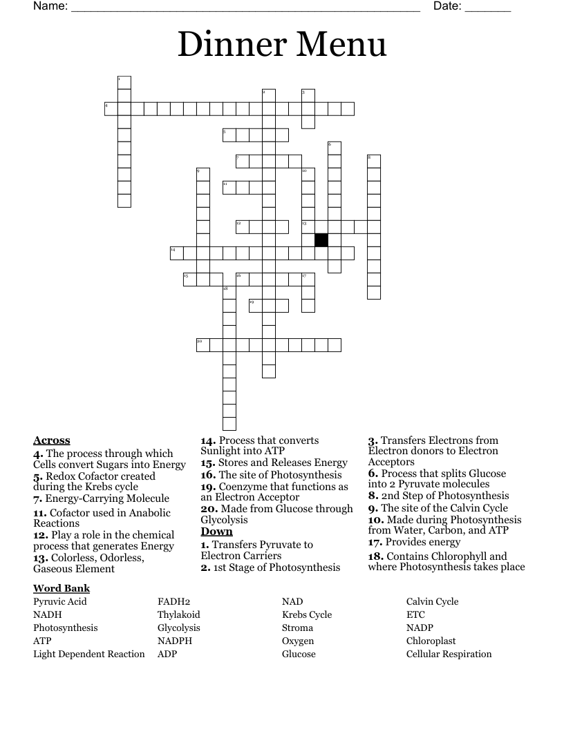 Dinner Menu Crossword