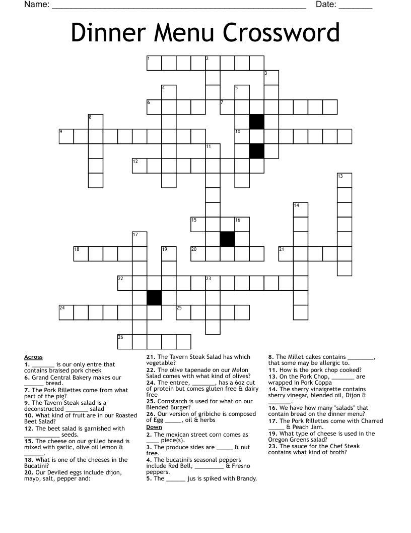 Dinner Menu Crossword