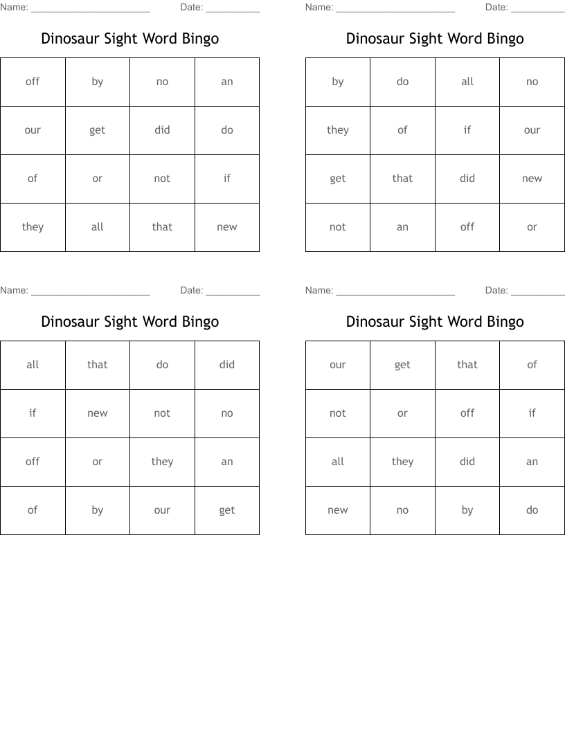 Dinosaur Sight Word Bingo 