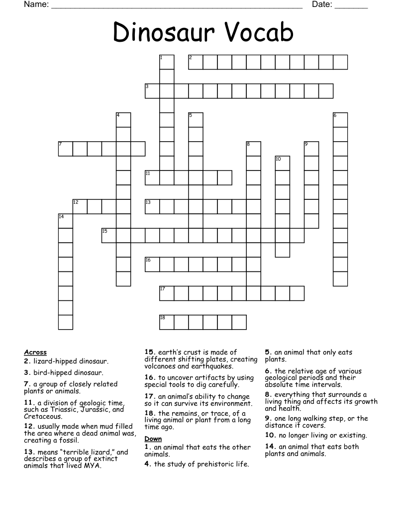 Dinosaur Vocab Crossword