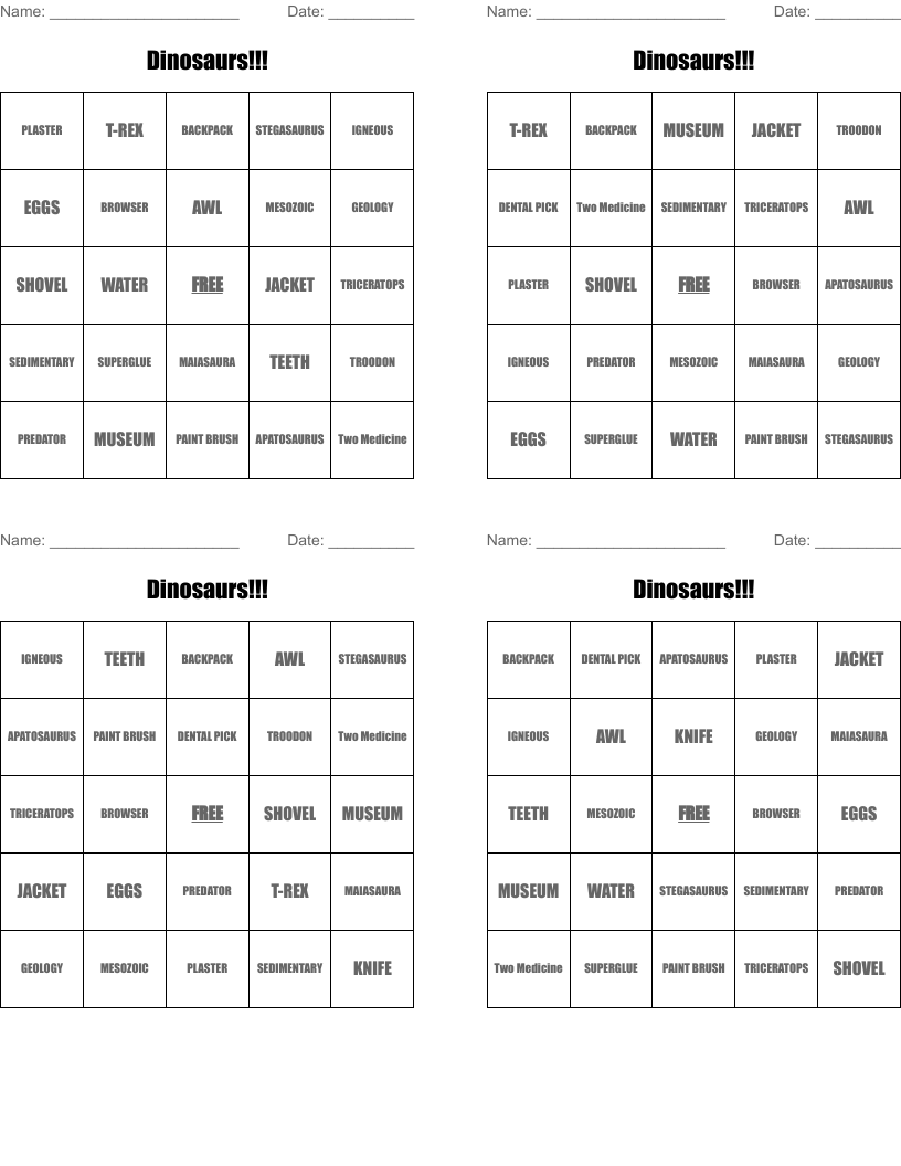 Dinosaurs!!! Bingo Cards