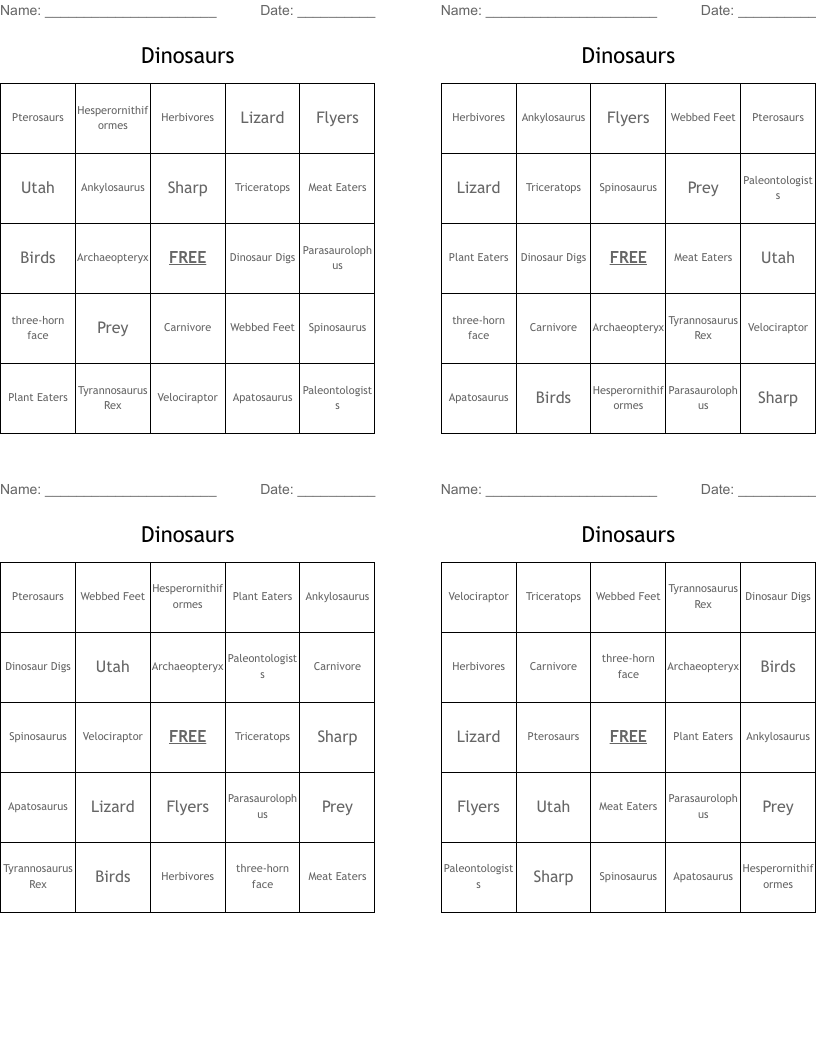 Dinosaurs Bingo Cards