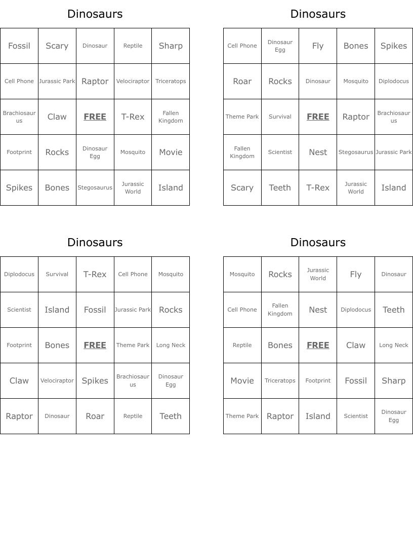 Dinosaurs Bingo Cards