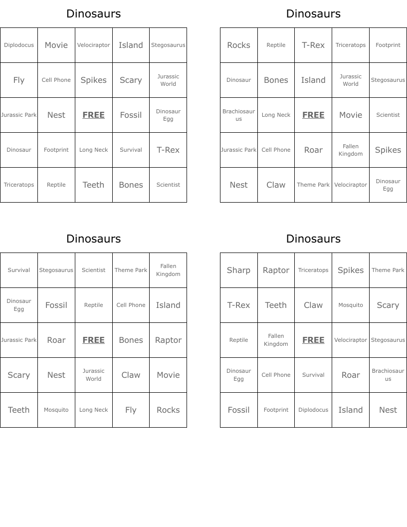 Dinosaurs Bingo Cards