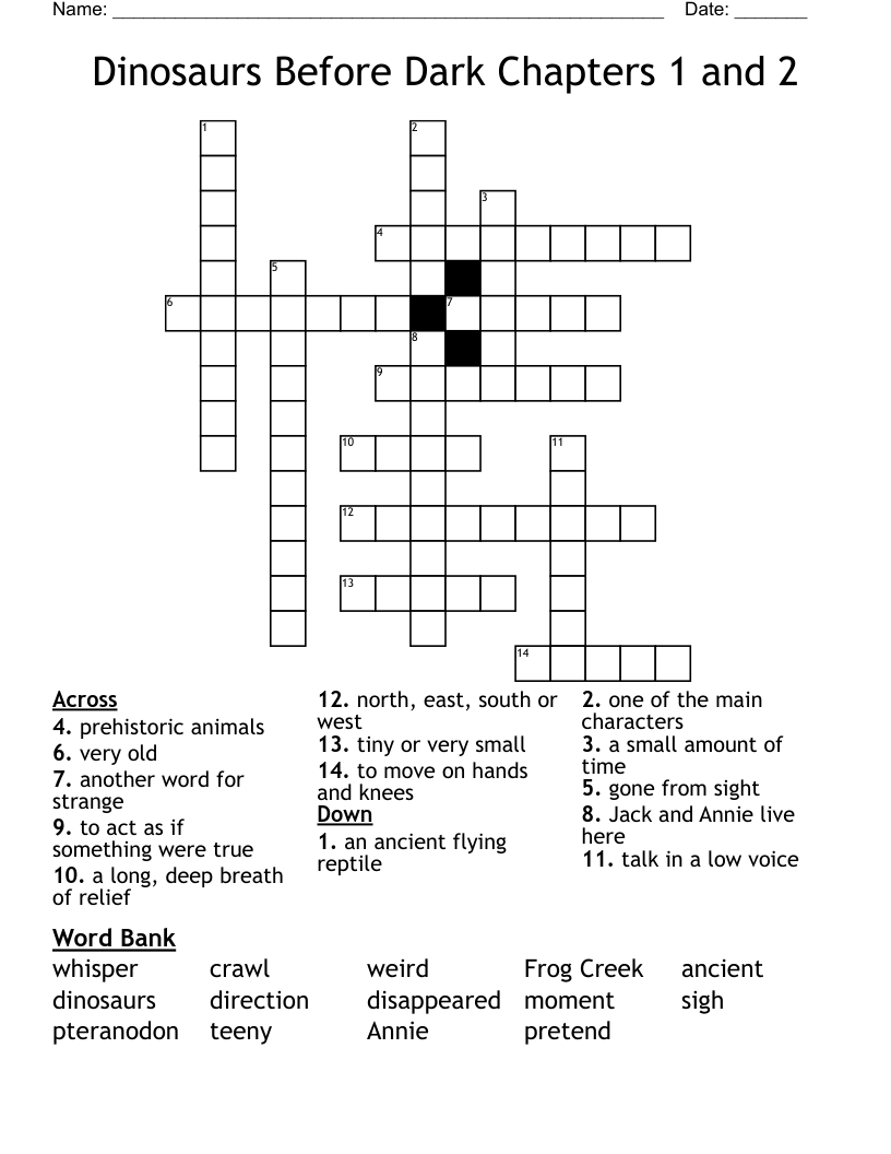 Dinosaurs Before Dark Chapters 1 and 2 Crossword
