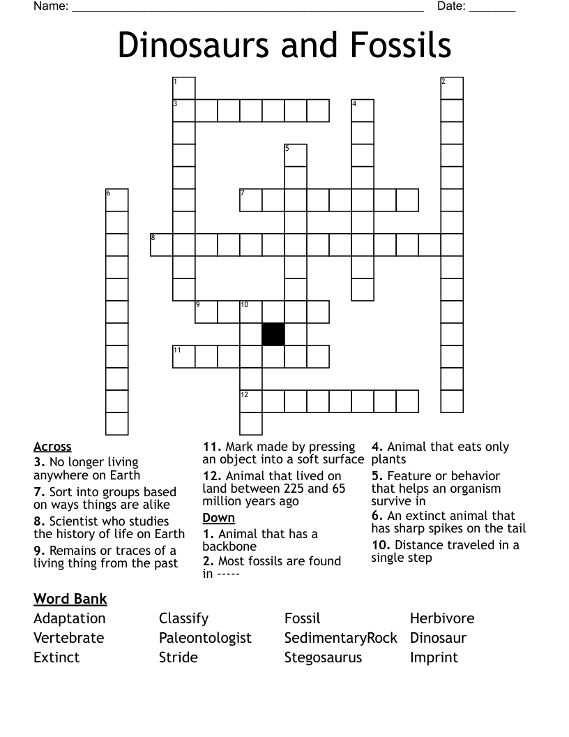 Dinosaurs and Fossils Crossword
