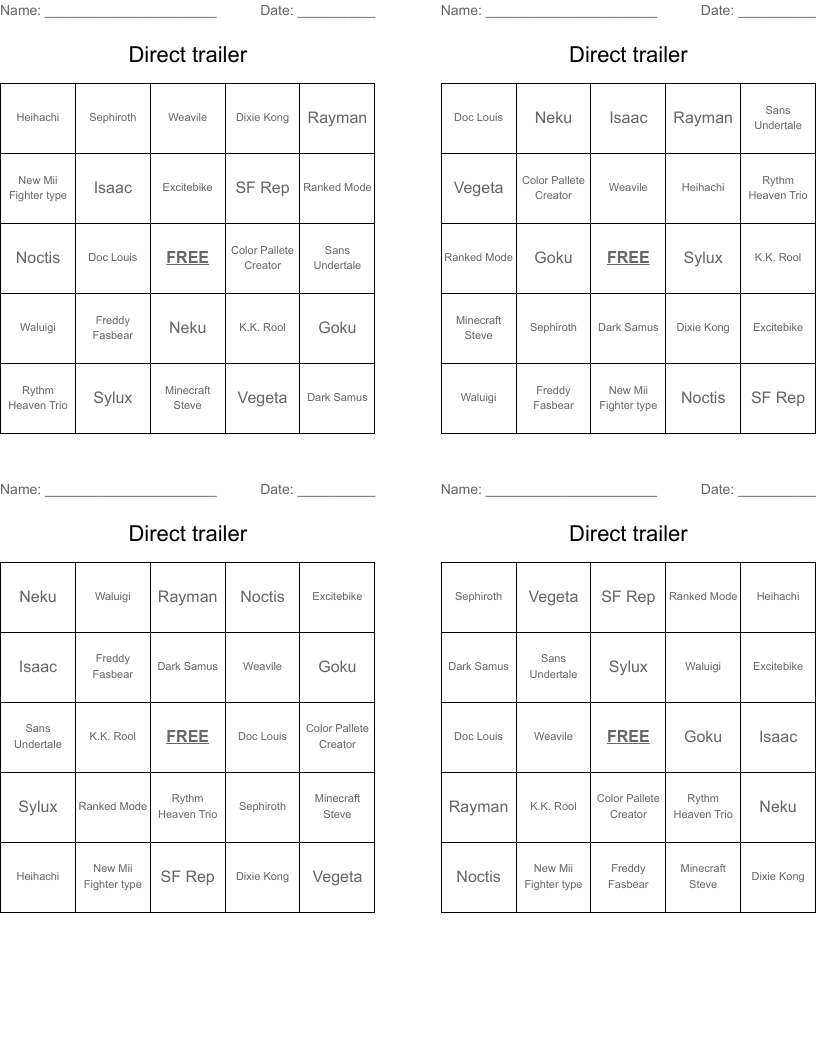 Direct trailer Bingo Cards