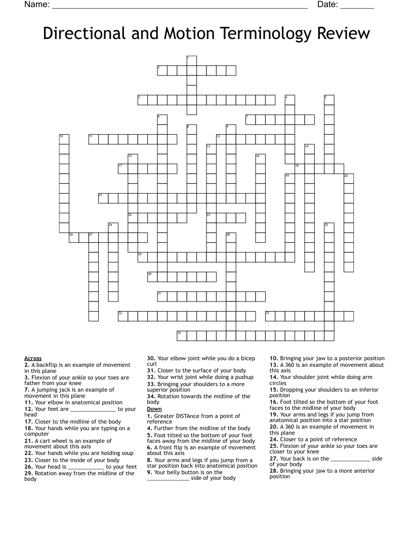 Directional and Motion Terminology Review Crossword